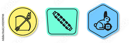 Set line Bow and fire arrow, Hunting cartridge belt with cartridges and Hunt on rabbit with crosshairs. Colored shapes. Vector