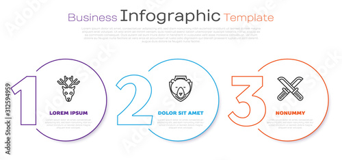 Set line Deer head with antlers, Bear head on shield and Crossed hunter knife. Business infographic template. Vector
