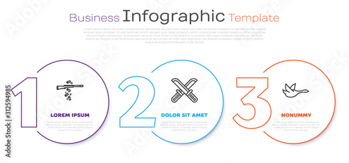 Set line Gun shooting, Crossed hunter knife and Flying duck. Business infographic template. Vector