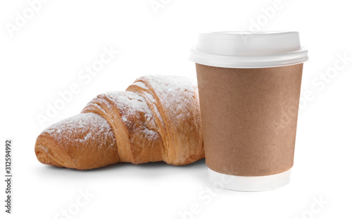 Fresh croissant and drink on white background