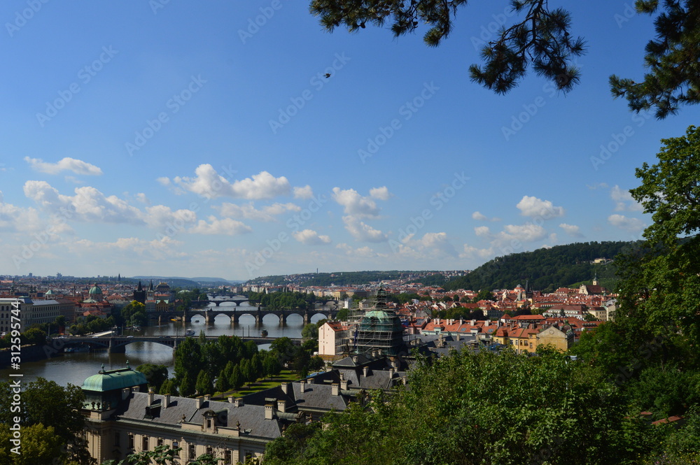 Looking down the Vltava River and its many bridges toward the heart of Prague from Letna Park.