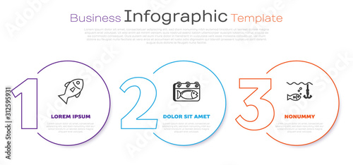Set line Fish, Calendar with a fish and Fishing hook under water with fish. Business infographic template. Vector