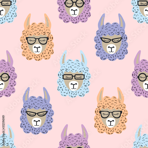 Cute lama faces seamless pattern. Vector background with llama alpaca.