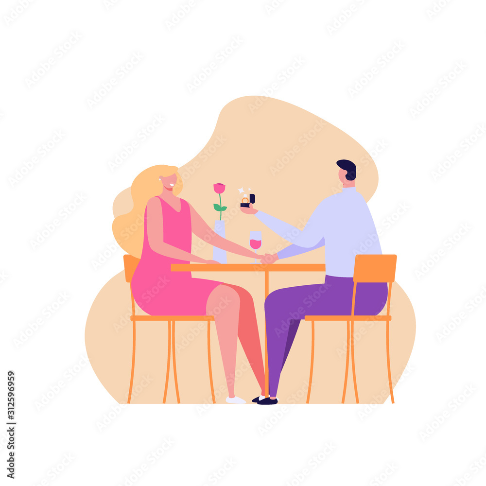 Romantic couple in love having dinner at table with flowers and wine. Young man offer a marriage and presents ring. Concept of romantic dinner, love and marriage. Vector illustration in flat design