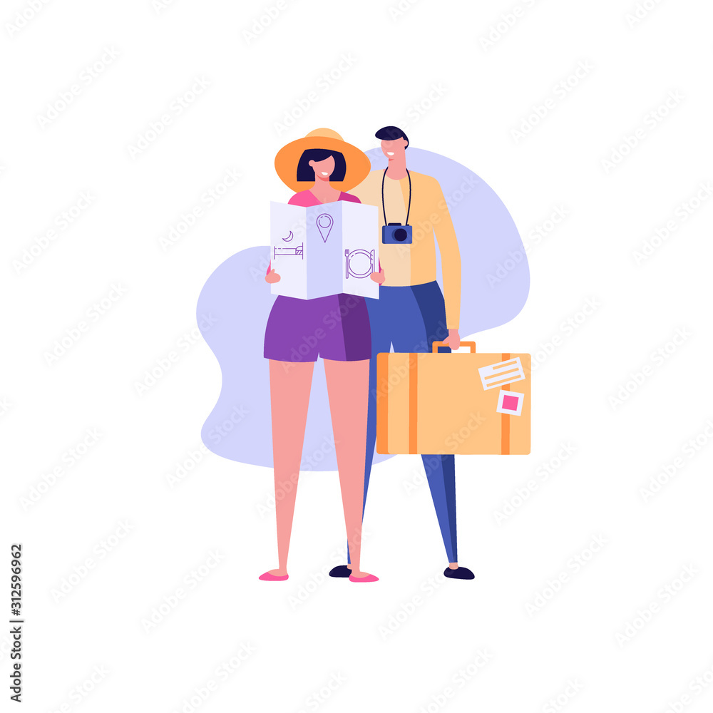 Romantic couple travel with luggage and map. Young guy and girl in vacation looking for a hotel. Concept of family tourism, love travel. Vector illustration in flat cartoon design Romantic couple travel with luggage and map. Young guy and girl in vacation looking for a hotel. Concept of family tourism, love travel. Vector illustration in flat cartoon design