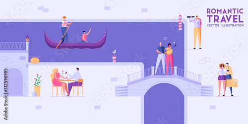 Romantic couple travel, make selfie, offer of marriage and walking in city. Young men and women in vacation. Family tourism, love travel, honeymoon concept. Vector illustration in flat cartoon design