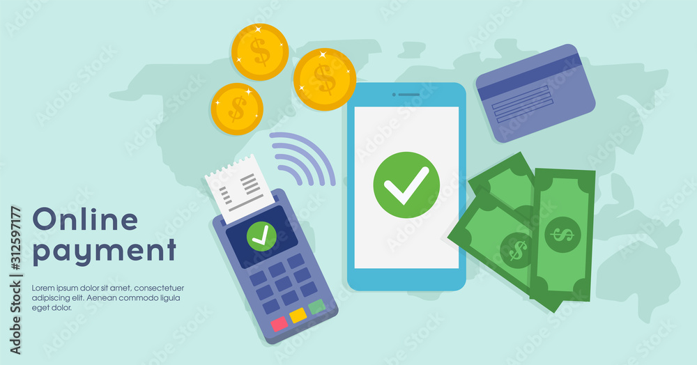 Online payment concept. Pos terminal confirms the payment by smartphone. Flat style. Vector illustration Online payment concept. Pos terminal confirms the payment by smartphone. Flat style. Vector illustration