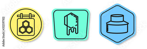 Set line Hanging sign with honeycomb, Honeycomb and Beekeeper with protect hat. Colored shapes. Vector