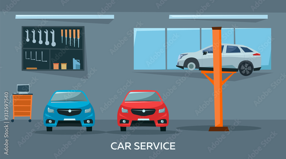 Car repair shop interior with cars and tools, professional service concept. Flat style. Vector illustration
