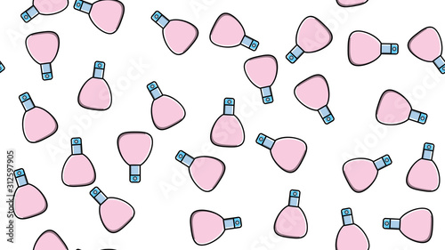 Endless seamless pattern of beautiful beauty cosmetic items of perfume and cologne bottles with a tasty pleasant smell on a white background. Vector illustration
