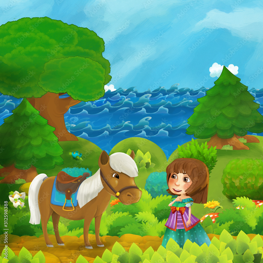 Fototapeta premium cartoon forest scene with princess with his horse standing on the path near the shore of ocean or sea - illustration for children