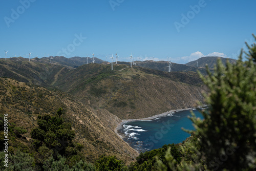 Wind turbines on the hills at Makara New Zealand, near Wellington 