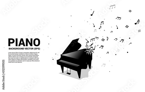 Vector grand piano with music melody note dancing flow. Concept background for song and concert theme.