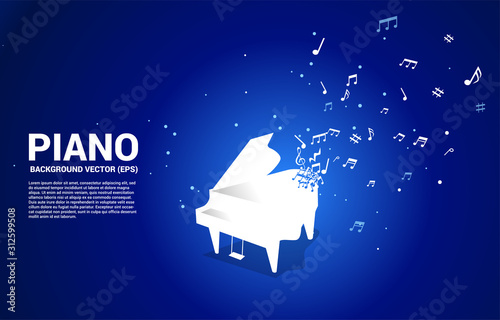 Vector grand piano with music melody note dancing flow. Concept background for song and concert theme.