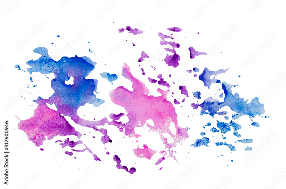 Decorative Abstract Watercolor Blue, Lilac, Violet Stain Isolated on White Background.