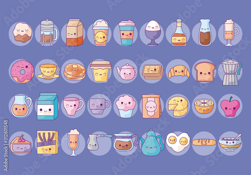 Breakfast and food cartoons icon set vector design