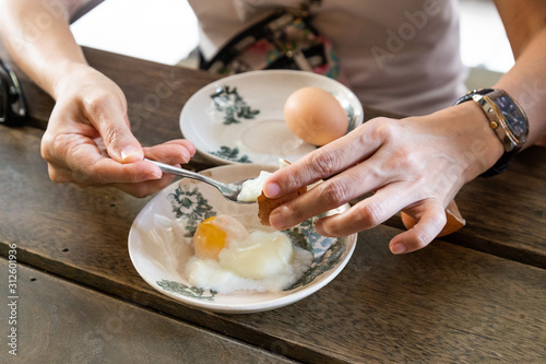 Series of hand preparing Chinese soft half boil egg for breakfast