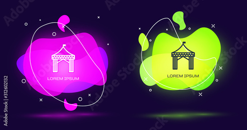 Line Camping tent icon isolated on black background. Carnival camping tent. Amusement park. Abstract banner with liquid shapes. Vector Illustration