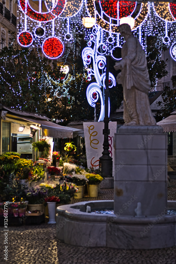 Naklejka premium View of the called 'Plaza De Las Flores' (Cadiz, Andalusia, Spain) with Christmas decoration
