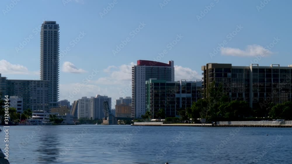 Hollywood, Florida skyline from intercoastal waterway, establishing shot Hollywood, Florida skyline from intercoastal waterway, establishing shot