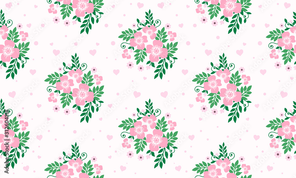 Elegant valentine flower pattern background, with beautiful leaf and flower drawing.