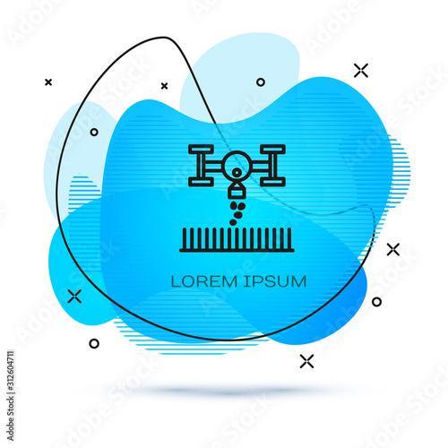 Line Smart farm with drone control for seed planting icon isolated on white background. Innovation technology for agricultural company. Abstract banner with liquid shapes. Vector Illustration