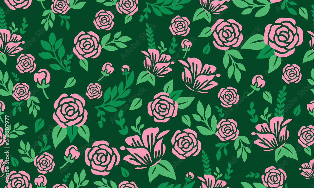 Seamless valentine floral pattern background, with leaf and pink rose floral.