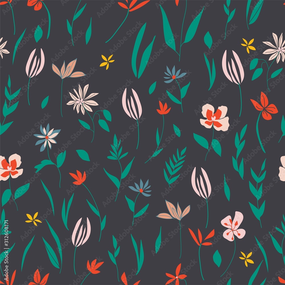 Botanical floral seamless vector pattern with colorful flowers and leaves editable and separable
