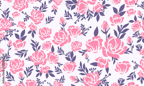 Elegant floral pattern background for valentine, with beautiful pink rose flower and unique leaf pattern.