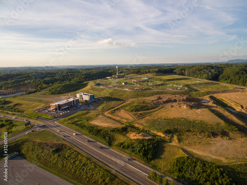 A drone, aerial view of a construction site and local baseball and softball park in the tourist city of Pigeon Forge Tennessee