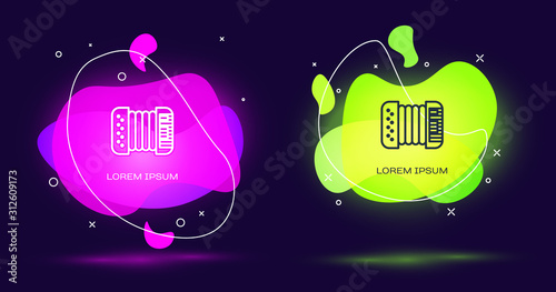 Line Musical instrument accordion icon isolated on black background. Classical bayan, harmonic. Abstract banner with liquid shapes. Vector Illustration