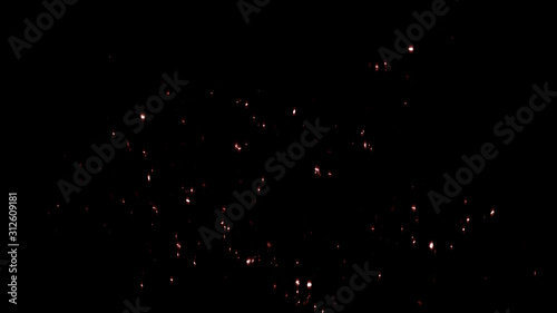 Burning fire sparks fly from large fire in the night sky. Burning embers glowing flying away particles over isolated black background. Stock illustrarion.