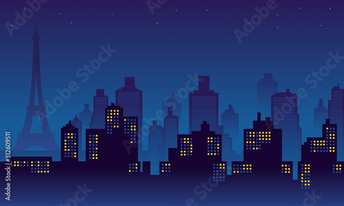 Night Paris City Silhouette with many stars in the sky