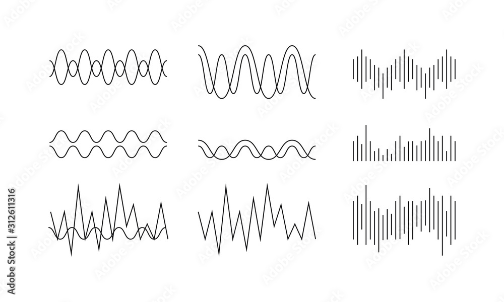 Sound waves linear icons set. vector illustration