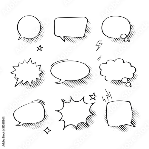 Set of comic speech bubbles. Thinking and speaking clouds with halftone vector set. vector illustration