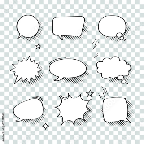 Set of comic speech bubbles. Thinking and speaking clouds with halftone vector set. vector illustration