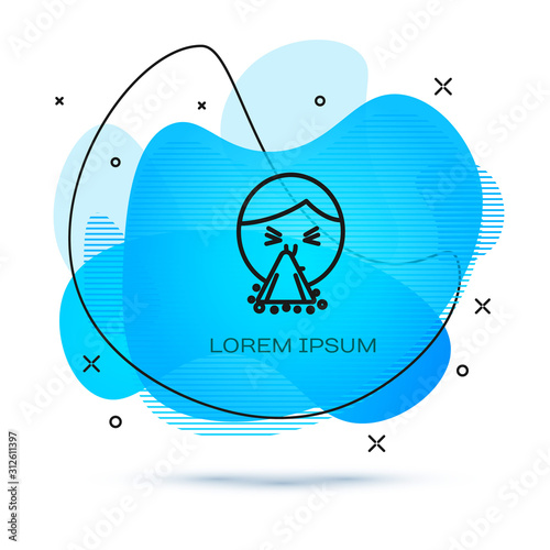 Line Man holding handkerchief or napkin to his runny nose icon isolated on white background. Coryza desease symptoms. Abstract banner with liquid shapes. Vector Illustration