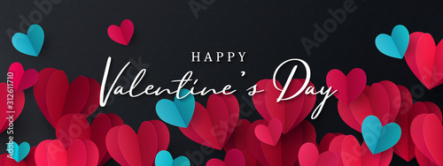 Happy Valentine's Day banner. Holiday background design with border frame made of pink, red and blue Origami Hearts on black fabric background. Horizontal poster, flyer, greeting card, website header 