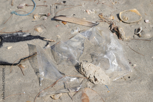 Plastic bag on the beach,garbage on the beach