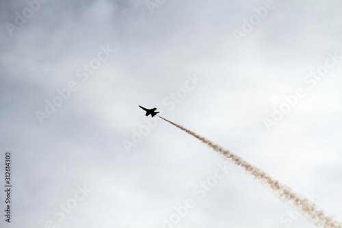 F-18 Blue Angel streaks across the shore