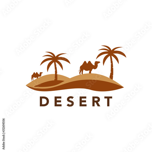 Desert logo design template with sunset and a silhouette of a camel. illustration