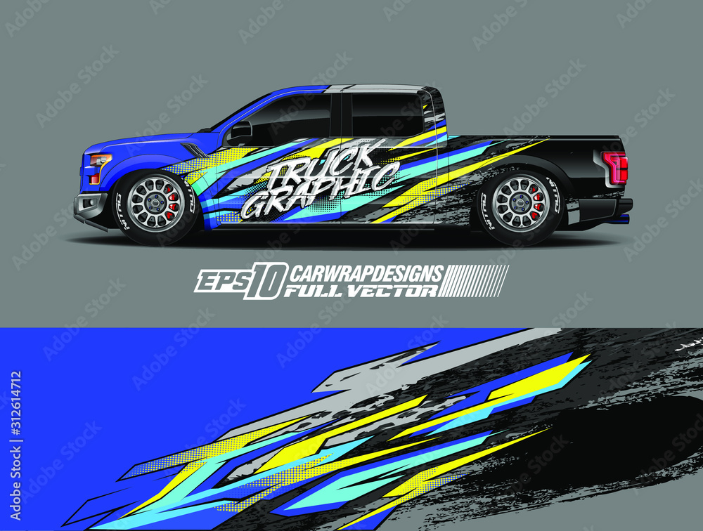 Pickup truck wrap design vector. Graphic abstract stripe racing background kit designs for wrap vehicle, race car, rally, adventure and livery. Full vector eps 10 Pickup truck wrap design vector. Graphic abstract stripe racing background kit designs for wrap vehicle, race car, rally, adventure and livery. Full vector eps 10