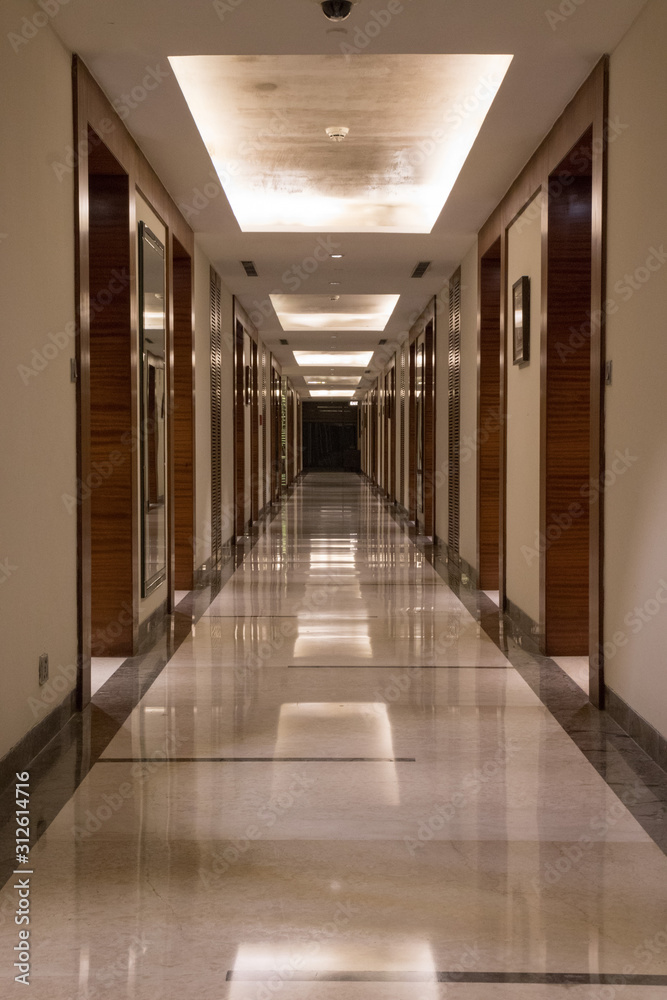 Vertical view of the brightly illuminated long tunnel shaped corridor with mirrors, wooden doors and cabinets on side walls