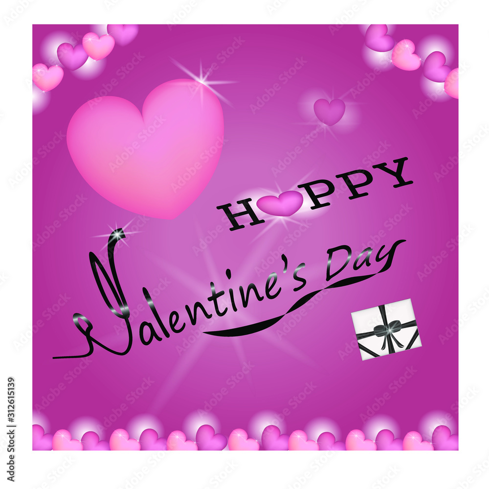 February 14.Designed for Happy Valentine's Day lettering with designed heart on pink background.