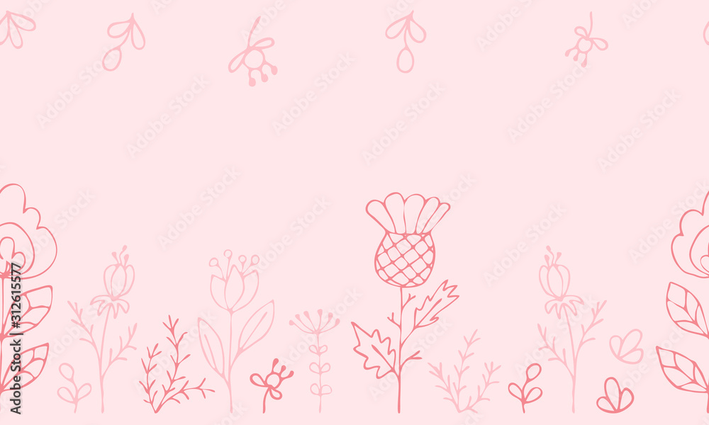 Seamless horizontal ornament: contours of wildflowers and herbs on a light peach background. Background with copy space