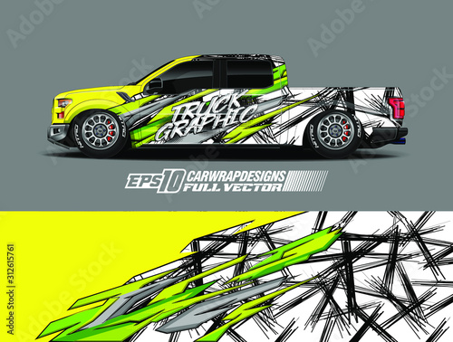 Pickup truck wrap design vector. Graphic abstract stripe racing background kit designs for wrap vehicle, race car, rally, adventure and livery. Full vector eps 10