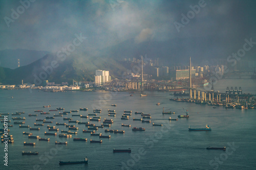 Photography container cargo ship waiting for available port in hong kong, hong kong port is