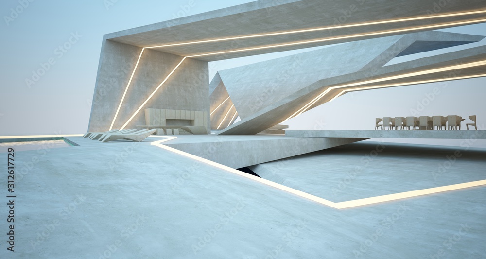 Abstract architectural concrete interior of a modern villa on the sea with swimming pool and neon lighting. 3D illustration and rendering.