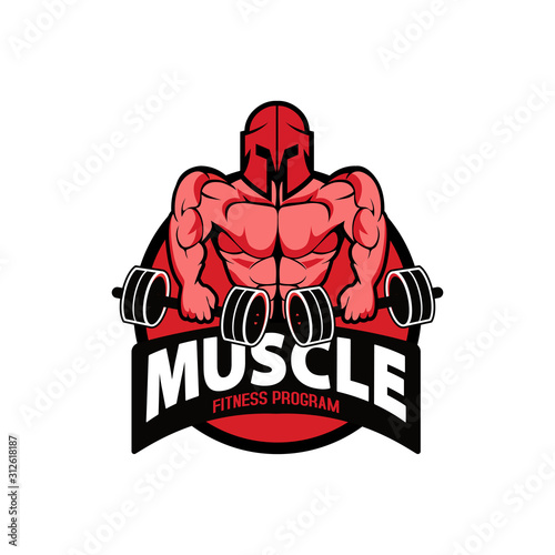Fitness logo badge with muscle man, Gymnastic logo template vector, Body Build logo badge