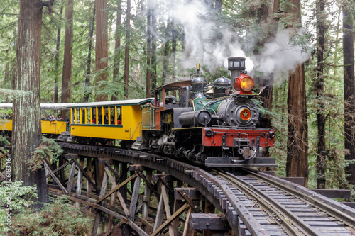 Steam train crossing an old trestle through redwood forest. Felton, Santa Cruz County, California, USA.